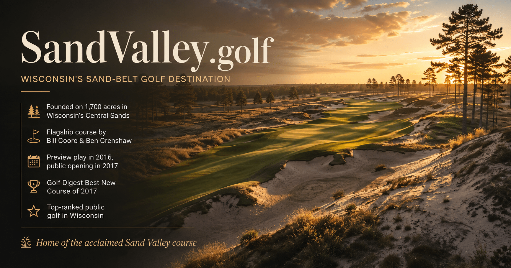 SandValley.golf branded card - A reference on Sand Valley, the Coore and Crenshaw course and sand-barrens resort in central Wisconsin.